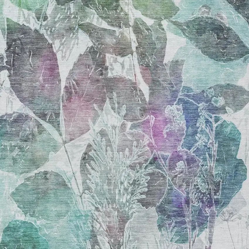 Teal Blue And Silver Botanical Leaves Washable Indoor Outdoor Area Rug Photo 1