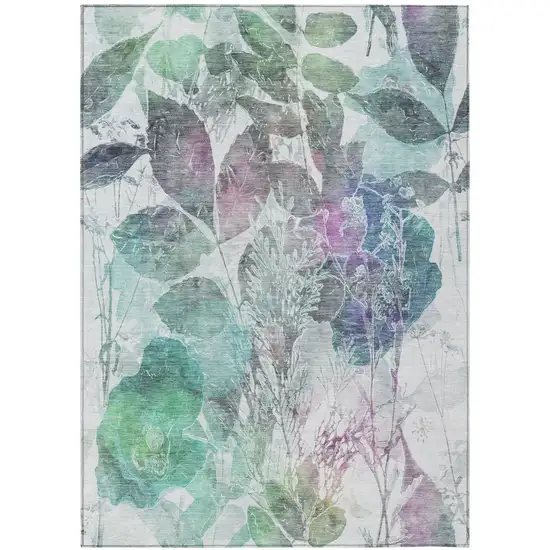 Teal Blue And Silver Botanical Leaves Washable Indoor Outdoor Area Rug Photo 3