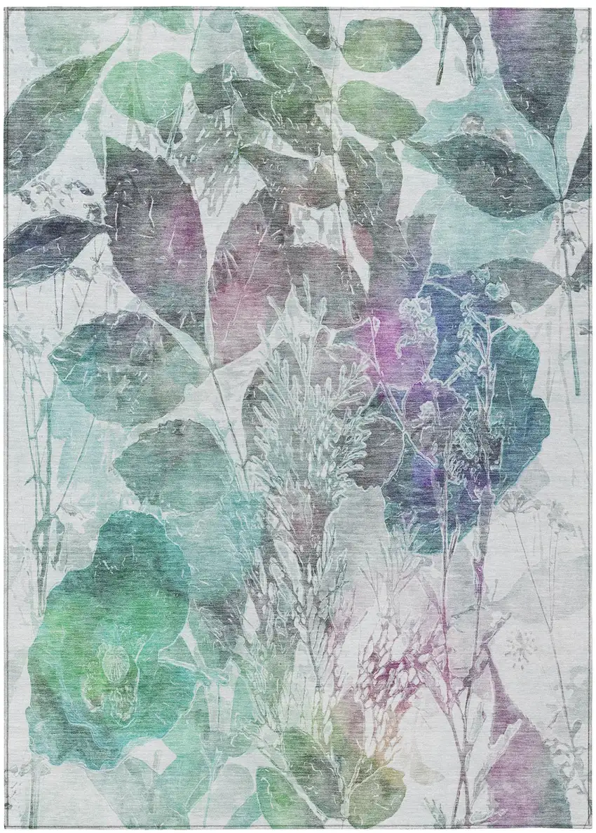 Teal Blue And Silver Botanical Leaves Washable Indoor Outdoor Area Rug Photo 3