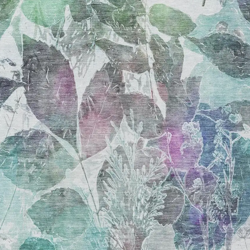 Teal Blue And Silver Botanical Leaves Washable Indoor Outdoor Area Rug Photo 4