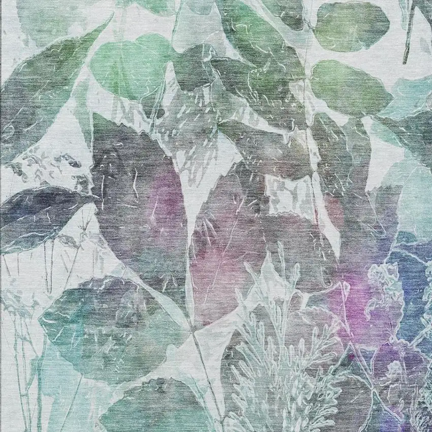 Teal Blue And Silver Botanical Leaves Washable Indoor Outdoor Area Rug Photo 5