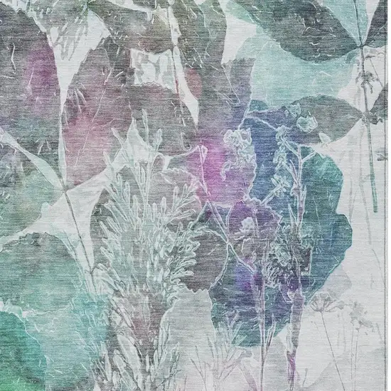 Teal Blue And Silver Botanical Leaves Washable Indoor Outdoor Area Rug Photo 1