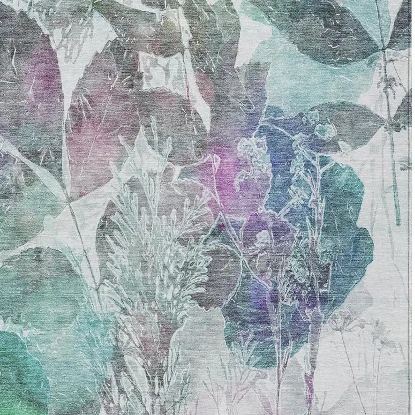 Teal Blue And Silver Botanical Leaves Washable Indoor Outdoor Area Rug Photo 1