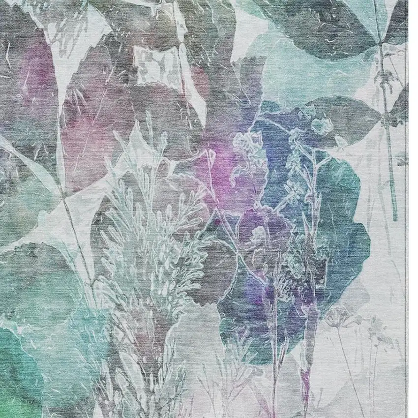 Teal Blue And Silver Botanical Leaves Washable Indoor Outdoor Area Rug Photo 6