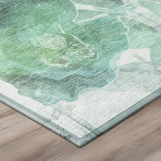 Teal Blue And Silver Botanical Leaves Washable Indoor Outdoor Area Rug Photo 4