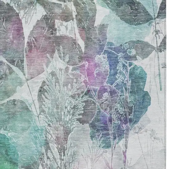Teal Blue And Silver Botanical Leaves Washable Indoor Outdoor Area Rug Photo 8