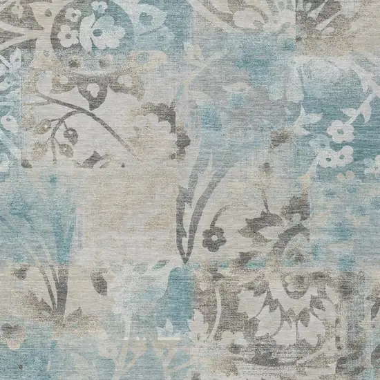 Teal Blue And Silver Botanical Leaves Washable Indoor Outdoor Area Rug Photo 1