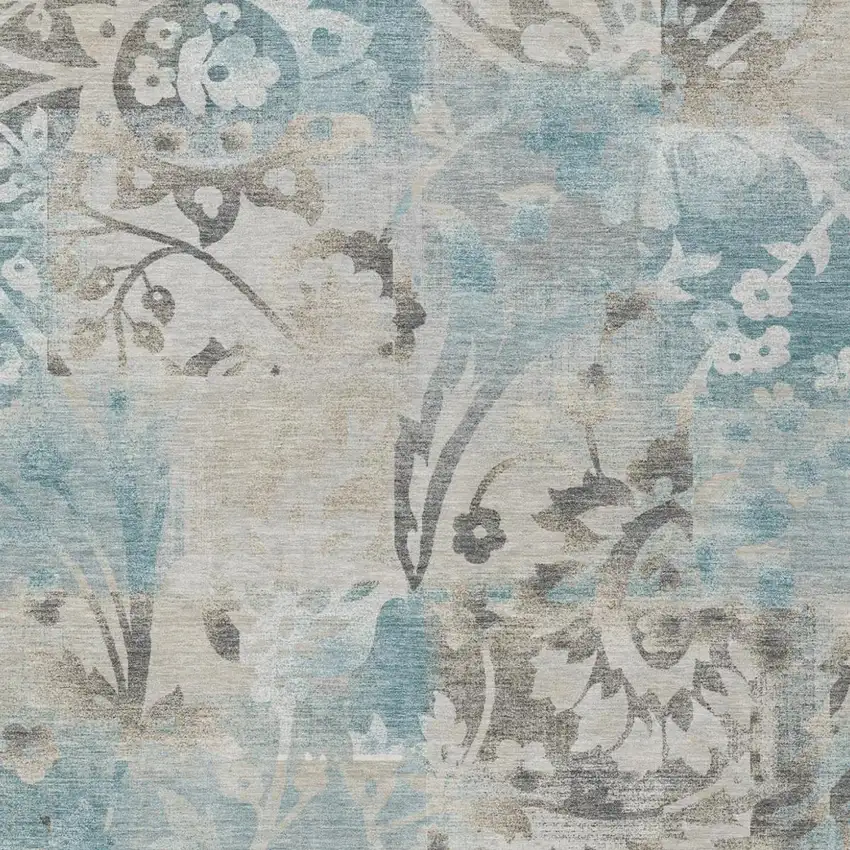 Teal Blue And Silver Botanical Leaves Washable Indoor Outdoor Area Rug Photo 1