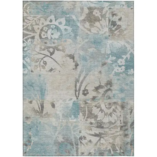Teal Blue And Silver Botanical Leaves Washable Indoor Outdoor Area Rug Photo 2