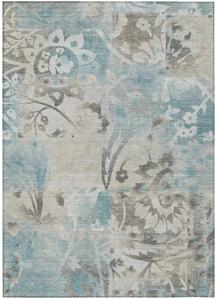 Teal Blue And Silver Botanical Leaves Washable Indoor Outdoor Area Rug Photo 2