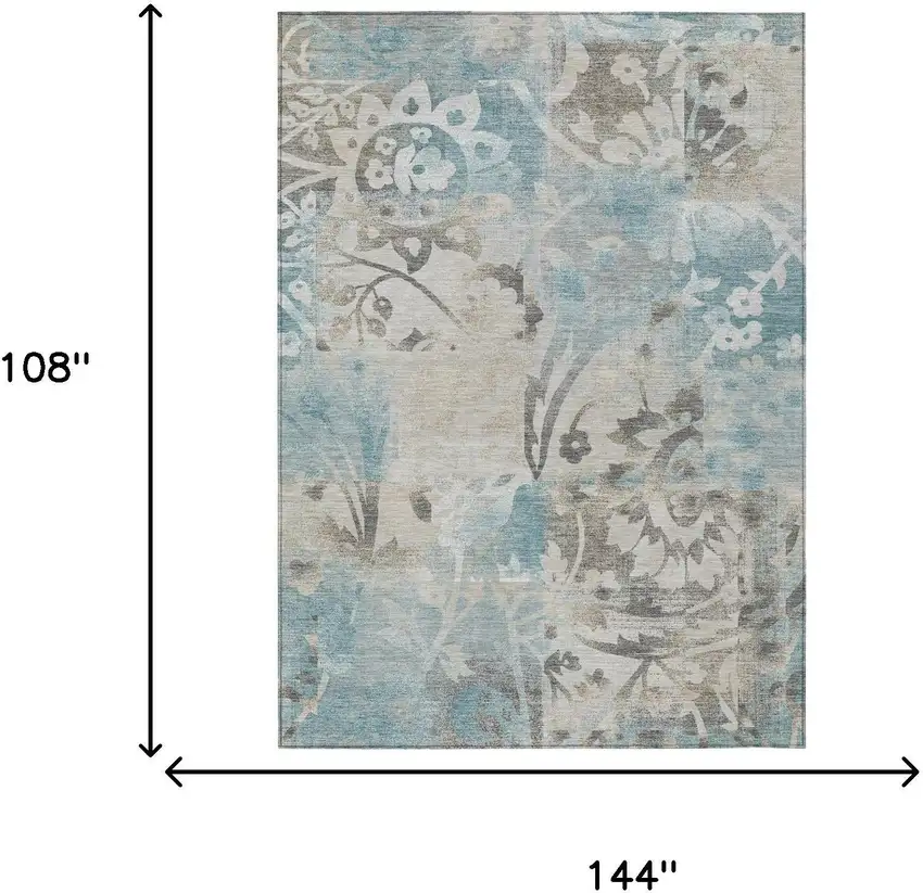 Teal Blue And Silver Botanical Leaves Washable Indoor Outdoor Area Rug Photo 6