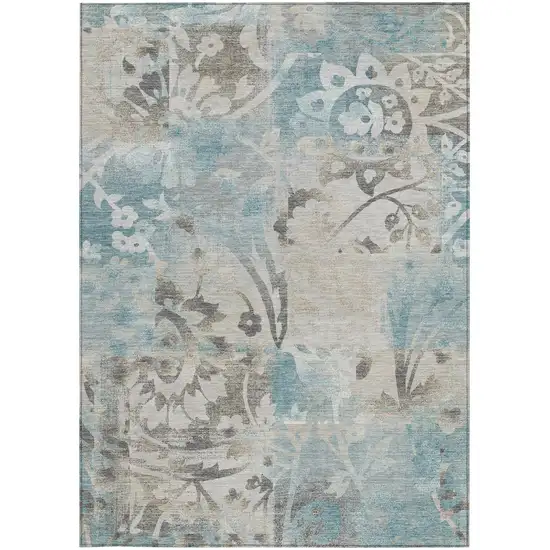Teal Blue And Silver Botanical Leaves Washable Indoor Outdoor Area Rug Photo 3