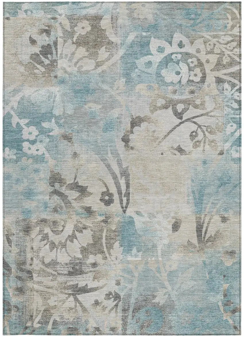 Teal Blue And Silver Botanical Leaves Washable Indoor Outdoor Area Rug Photo 3