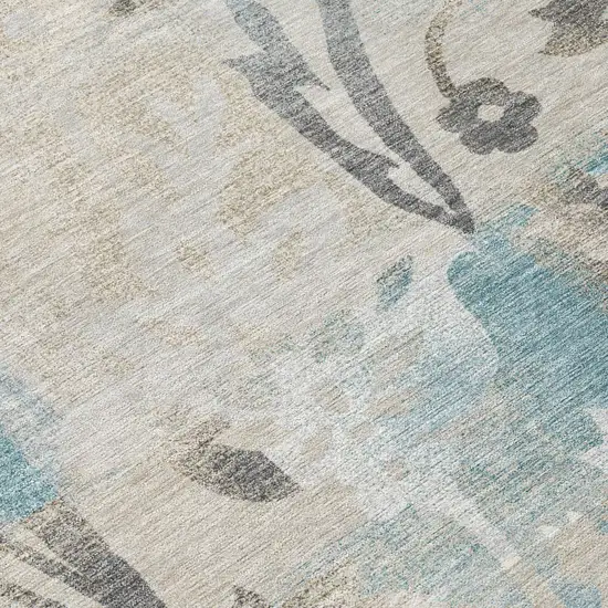 Teal Blue And Silver Botanical Leaves Washable Indoor Outdoor Area Rug Photo 5