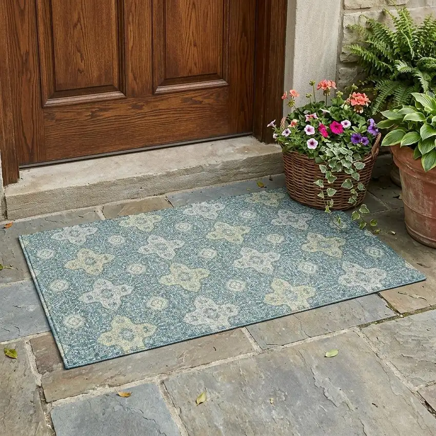 Teal Blue And Silver Damask Washable Indoor Outdoor Area Rug Photo 1