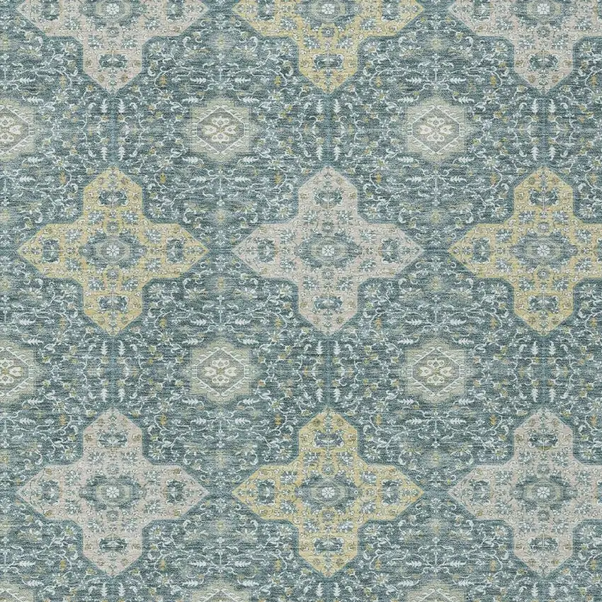 Teal Blue And Silver Damask Washable Indoor Outdoor Area Rug Photo 3