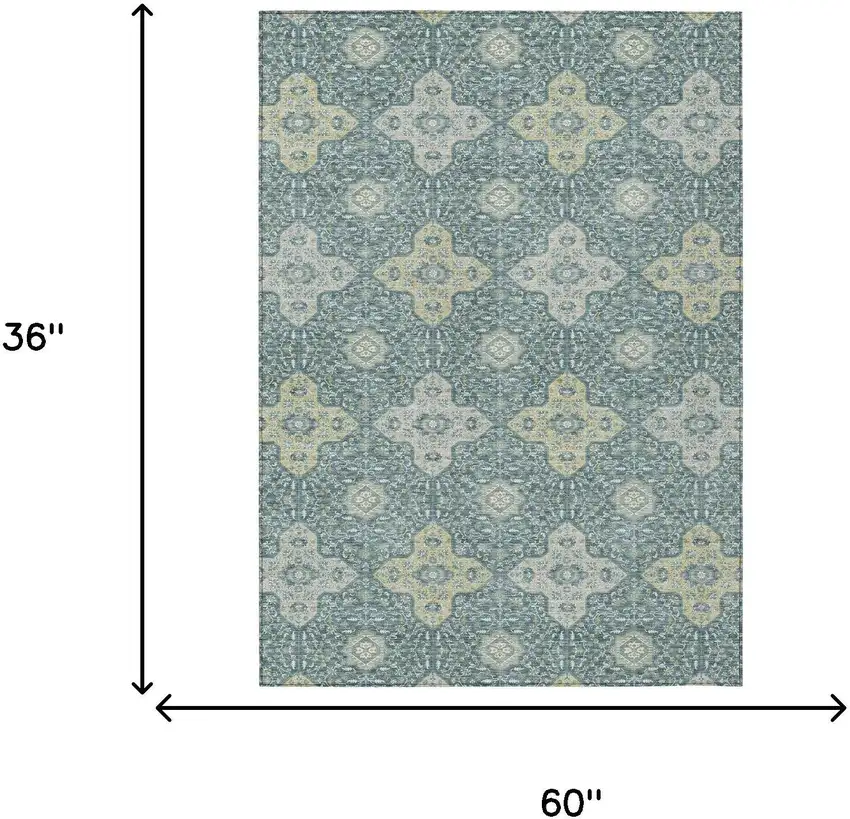 Teal Blue And Silver Damask Washable Indoor Outdoor Area Rug Photo 7