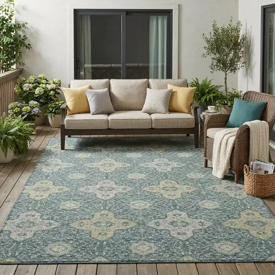 Teal Blue And Silver Damask Washable Indoor Outdoor Area Rug Photo 1