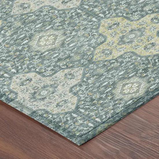Teal Blue And Silver Damask Washable Indoor Outdoor Area Rug Photo 5