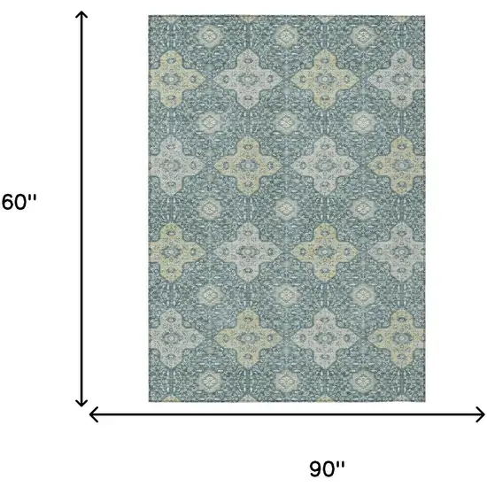 Teal Blue And Silver Damask Washable Indoor Outdoor Area Rug Photo 7