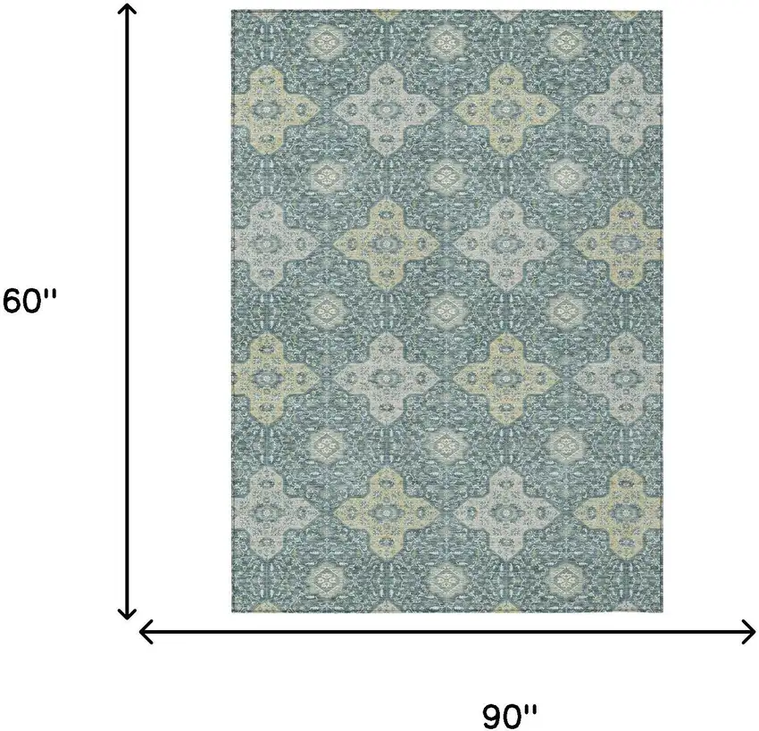 Teal Blue And Silver Damask Washable Indoor Outdoor Area Rug Photo 7