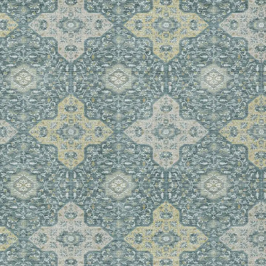 Teal Blue And Silver Damask Washable Indoor Outdoor Area Rug Photo 3