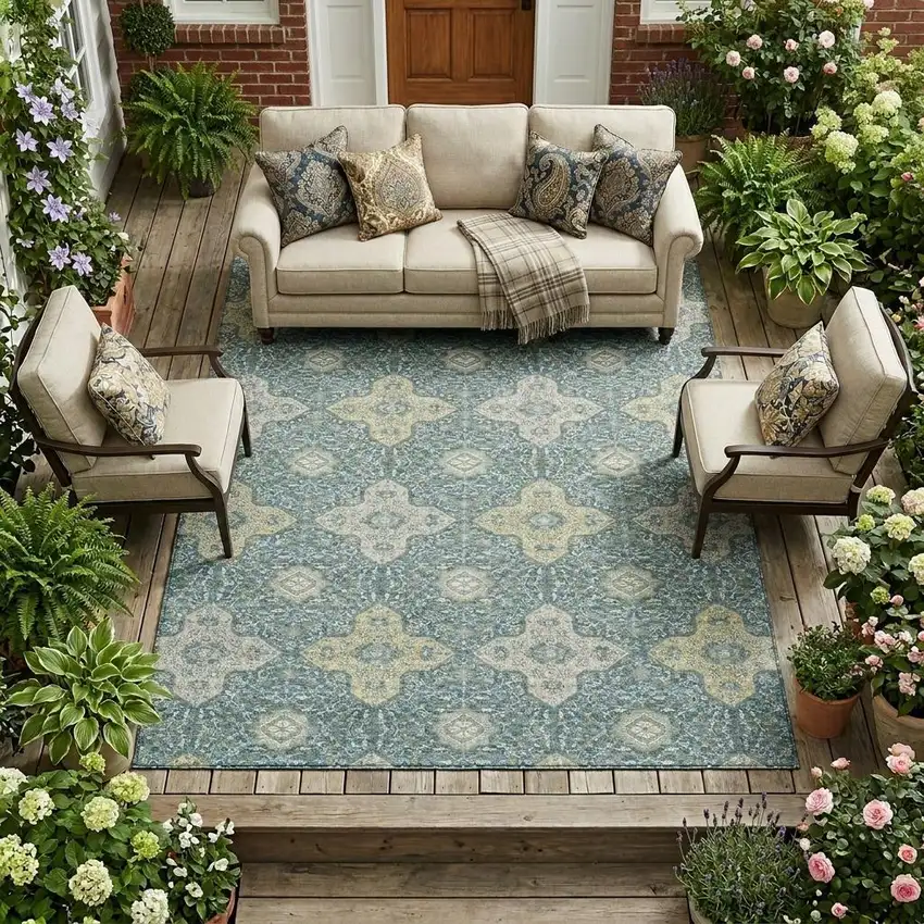 Teal Blue And Silver Damask Washable Indoor Outdoor Area Rug Photo 1