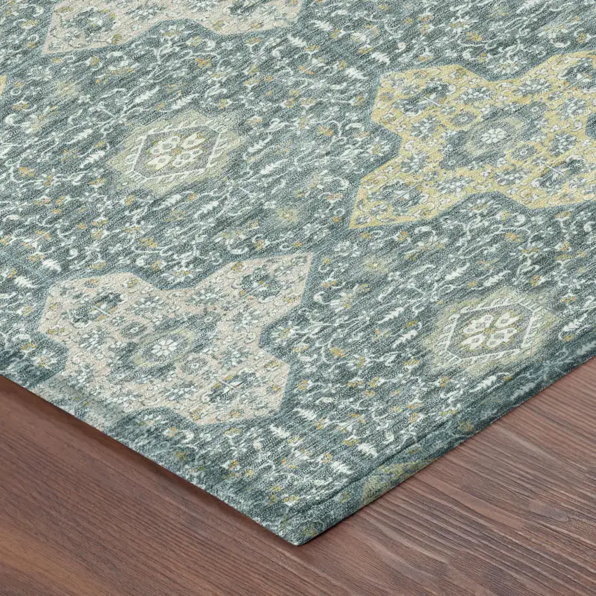 Teal Blue And Silver Damask Washable Indoor Outdoor Area Rug Photo 5