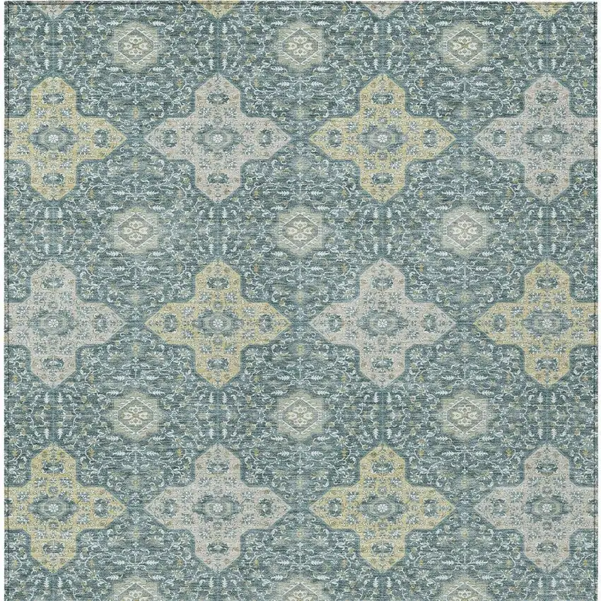 Teal Blue And Silver Damask Washable Indoor Outdoor Area Rug Photo 4