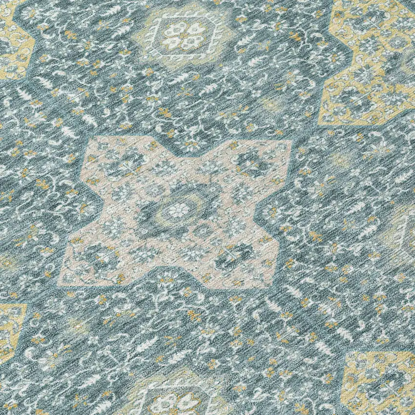 Teal Blue And Silver Damask Washable Indoor Outdoor Area Rug Photo 6