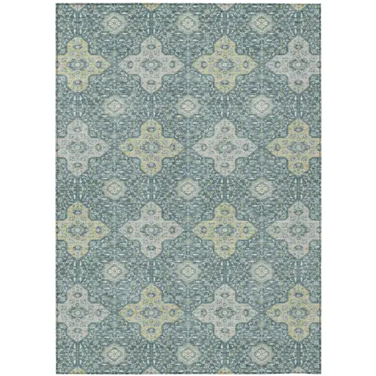 Teal Blue And Silver Damask Washable Indoor Outdoor Area Rug Photo 2