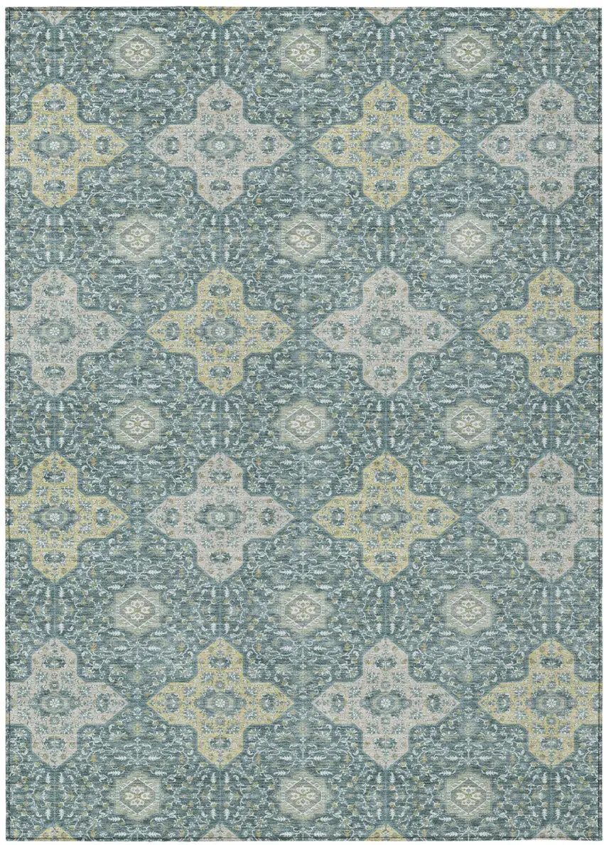 Teal Blue And Silver Damask Washable Indoor Outdoor Area Rug Photo 2