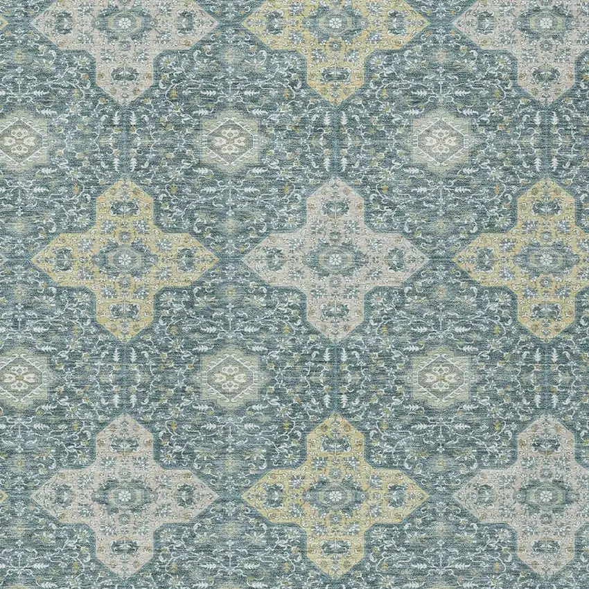 Teal Blue And Silver Damask Washable Indoor Outdoor Area Rug Photo 3