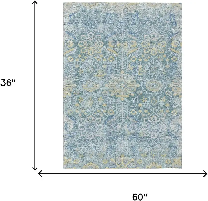 Teal Blue And Silver Damask Washable Indoor Outdoor Area Rug Photo 6