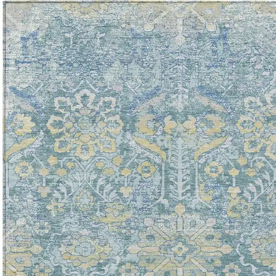 Teal Blue And Silver Damask Washable Indoor Outdoor Area Rug Photo 2