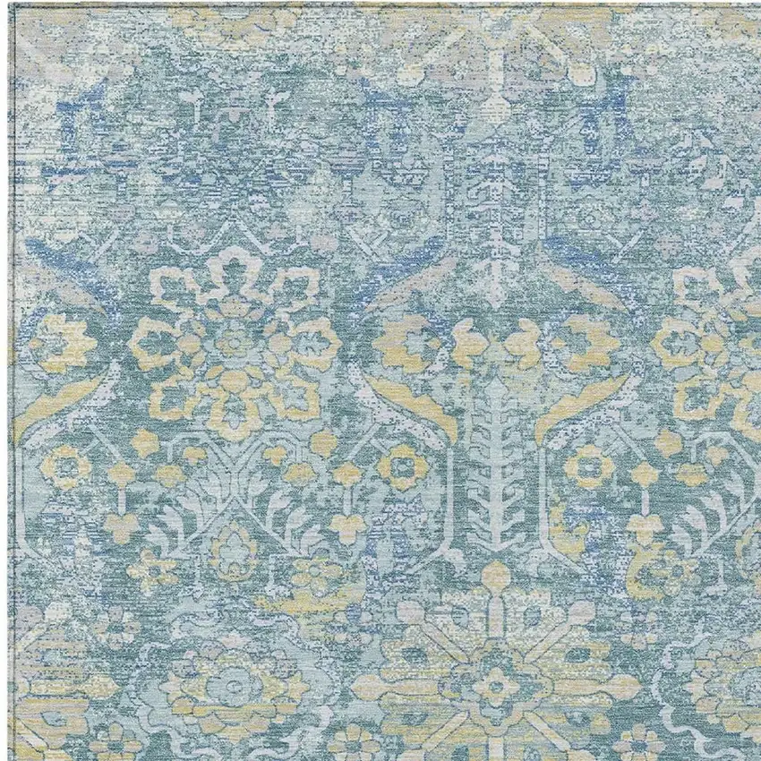 Teal Blue And Silver Damask Washable Indoor Outdoor Area Rug Photo 2