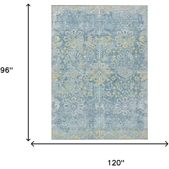Teal Blue And Silver Damask Washable Indoor Outdoor Area Rug Photo 6