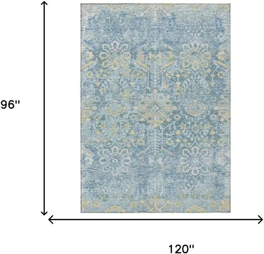 Teal Blue And Silver Damask Washable Indoor Outdoor Area Rug Photo 6