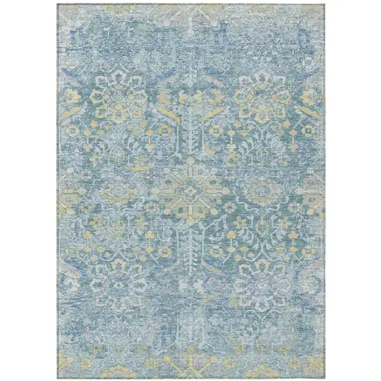 Teal Blue And Silver Damask Washable Indoor Outdoor Area Rug Photo 1