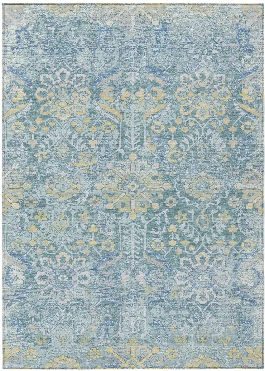 Teal Blue And Silver Damask Washable Indoor Outdoor Area Rug Photo 1