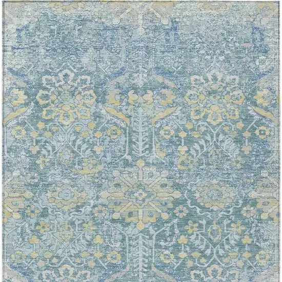 Teal Blue And Silver Damask Washable Indoor Outdoor Area Rug Photo 3