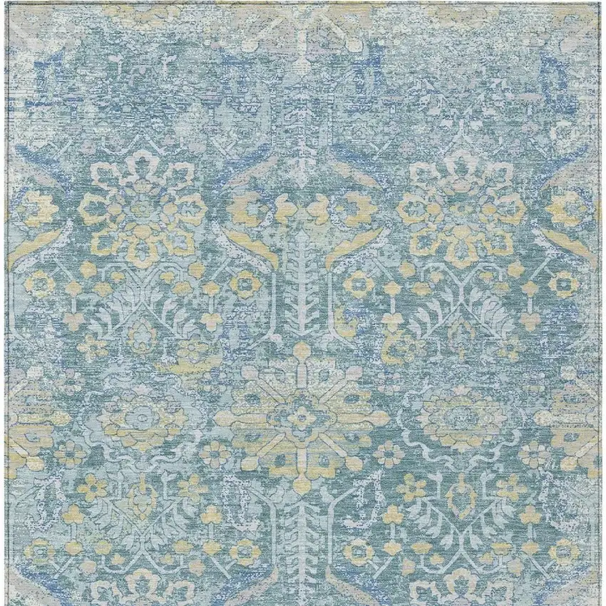 Teal Blue And Silver Damask Washable Indoor Outdoor Area Rug Photo 3