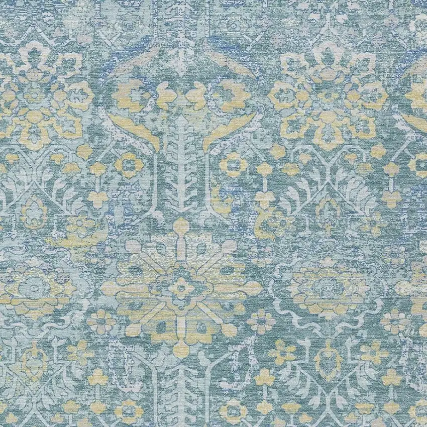 Teal Blue And Silver Damask Washable Indoor Outdoor Area Rug Photo 2