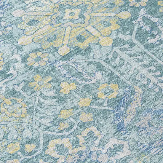 Teal Blue And Silver Damask Washable Indoor Outdoor Area Rug Photo 5