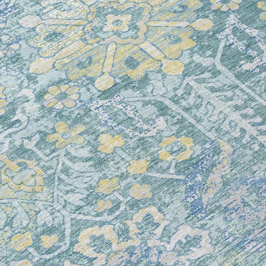 Teal Blue And Silver Damask Washable Indoor Outdoor Area Rug Photo 5