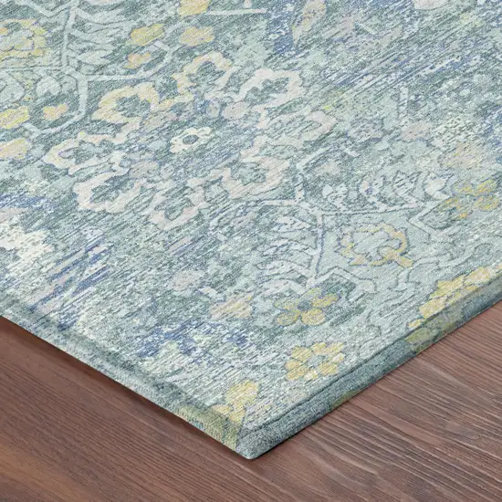 Teal Blue And Silver Damask Washable Indoor Outdoor Area Rug Photo 4