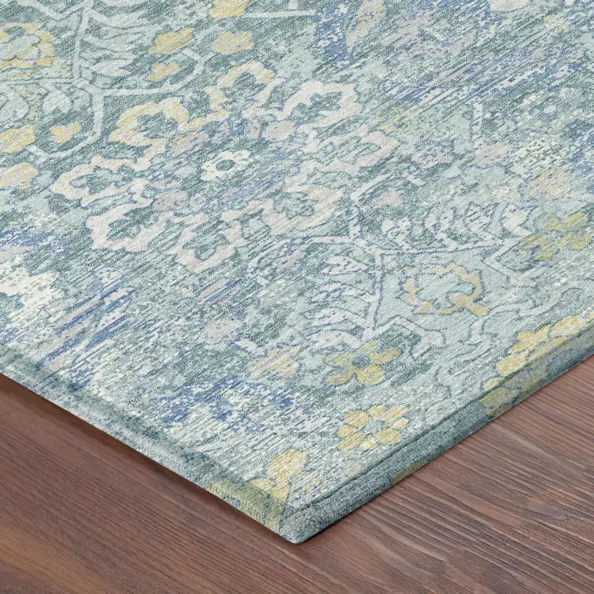 Teal Blue And Silver Damask Washable Indoor Outdoor Area Rug Photo 4