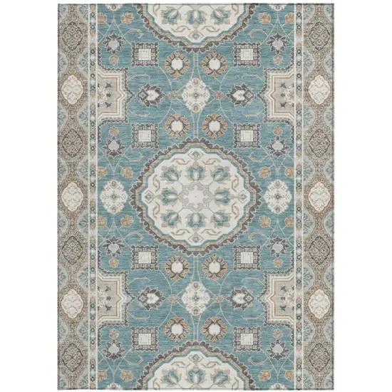 Teal Blue And Silver Floral Medallion Washable Indoor Outdoor Area Rug Photo 3