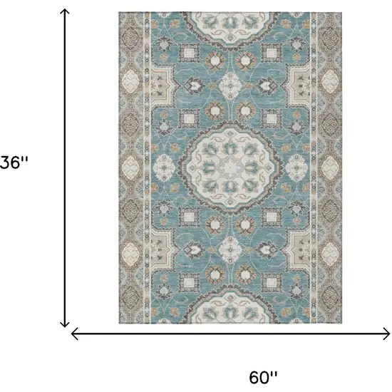 Teal Blue And Silver Floral Medallion Washable Indoor Outdoor Area Rug Photo 6