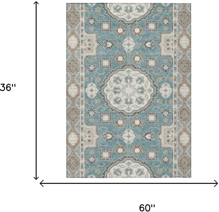 Teal Blue And Silver Floral Medallion Washable Indoor Outdoor Area Rug Photo 6